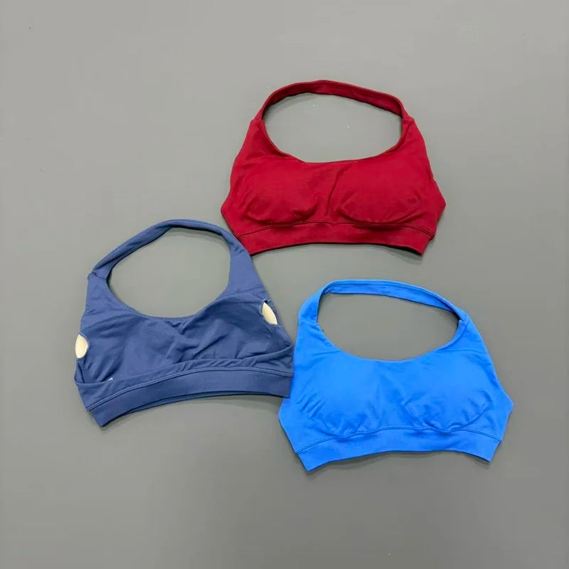 HISTELLO Seamless Halter Sports Bra – Open Back Gym & Yoga Top