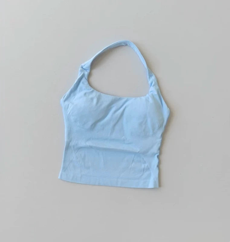 Seamless Halter Neck Yoga Tank Tops for Women Built-in Bra Padded Gym Top Sleeveless Shirt Fitted Backless Workout Clothes