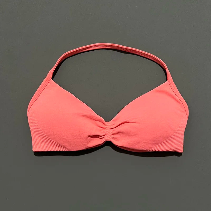 HISTELLO Strappy Sports Bra – High Support Scrunch Push-Up Halter
