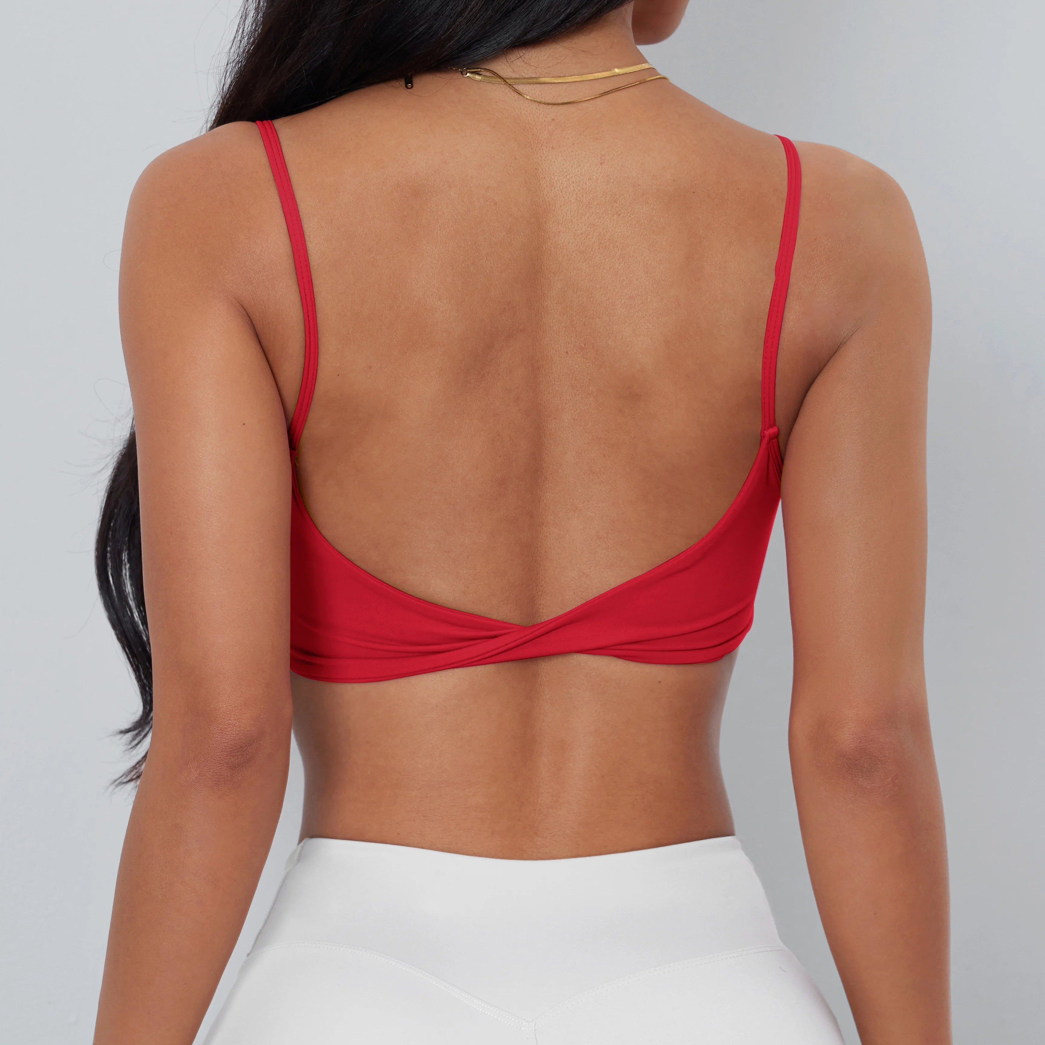 Anfilia Women Sports Bra Spaghetti Straps Backless Gym Bra High Elastic Square Neck Removable Padding Workout Top