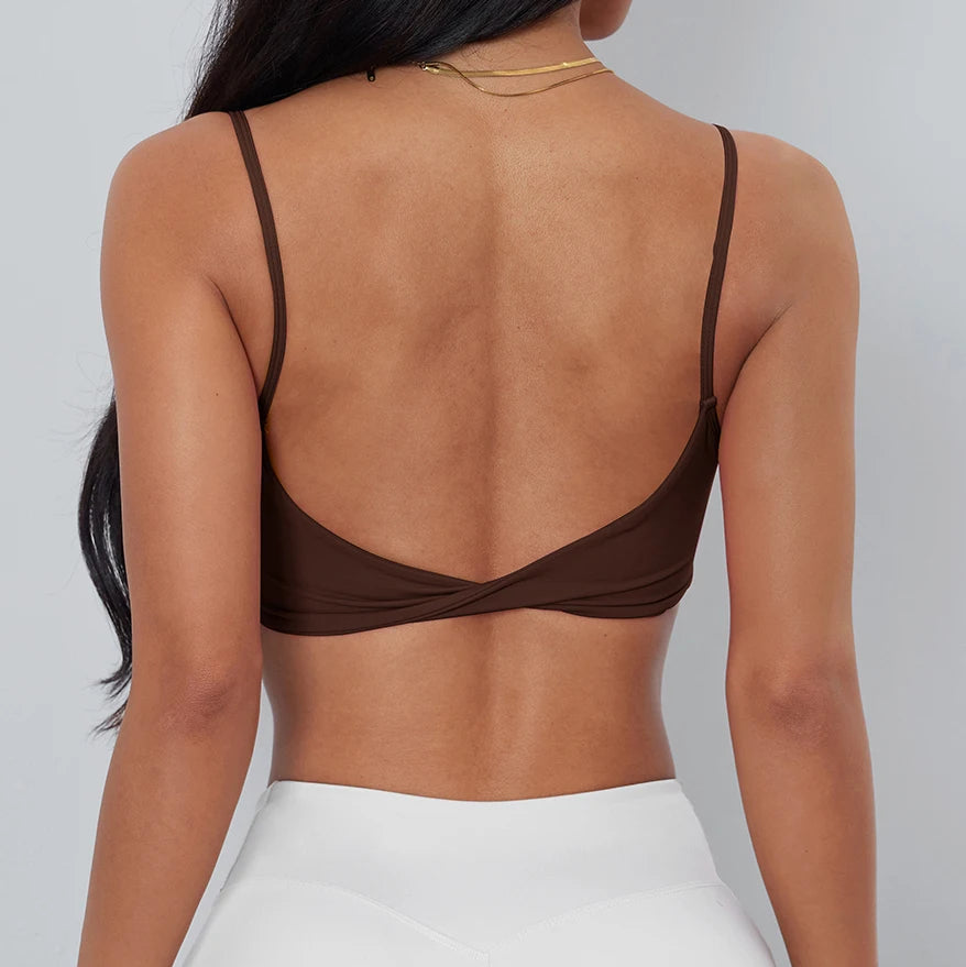 Anfilia Women Sports Bra Spaghetti Straps Backless Gym Bra High Elastic Square Neck Removable Padding Workout Top