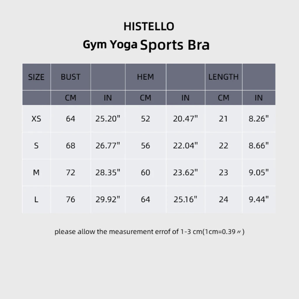 Measurement chart for Histello Gym Yoga Sports Bra with size chart on a gray background
