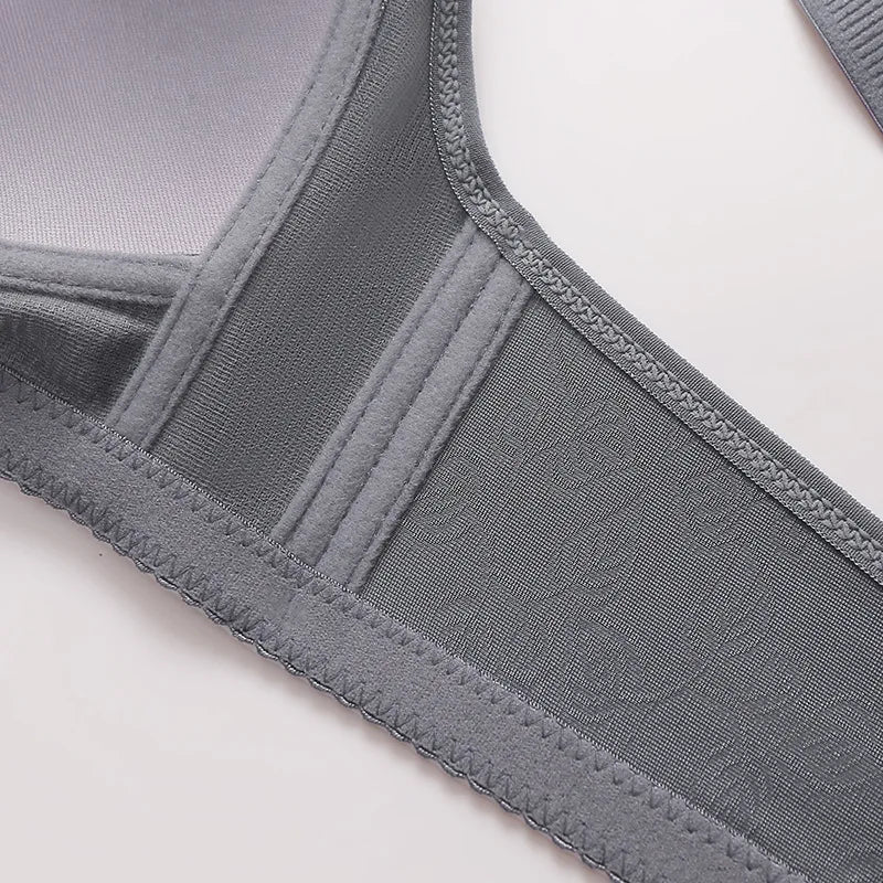 Gray bra with a focus on the stitching and fabric texture on a light gray background