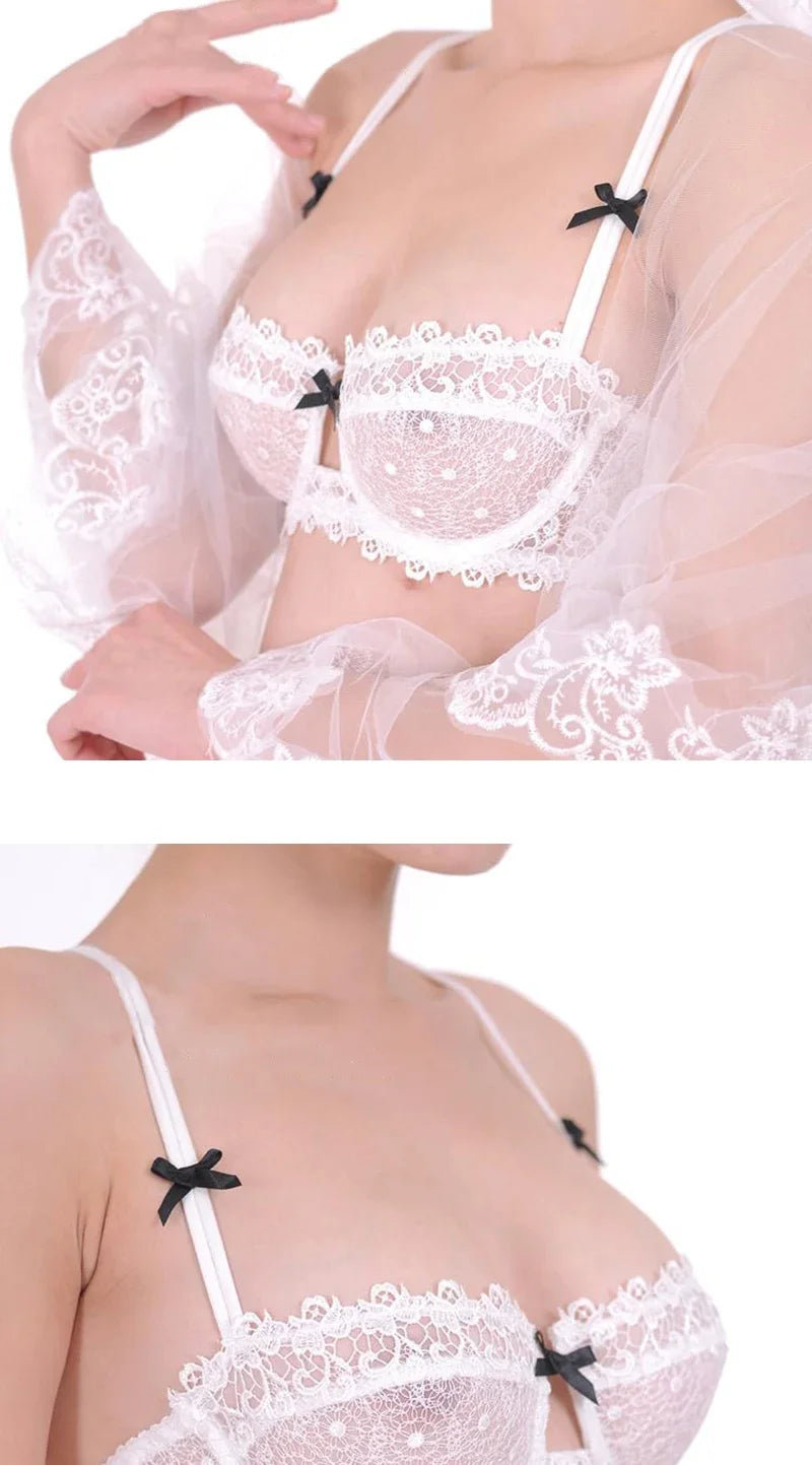 KUCLUT Plus Size Sexy Half Cup Lace Bra Sheer Mesh Unlined Bralette for Women A D Cup, Invisible Push Up Underwire Lingerie Set