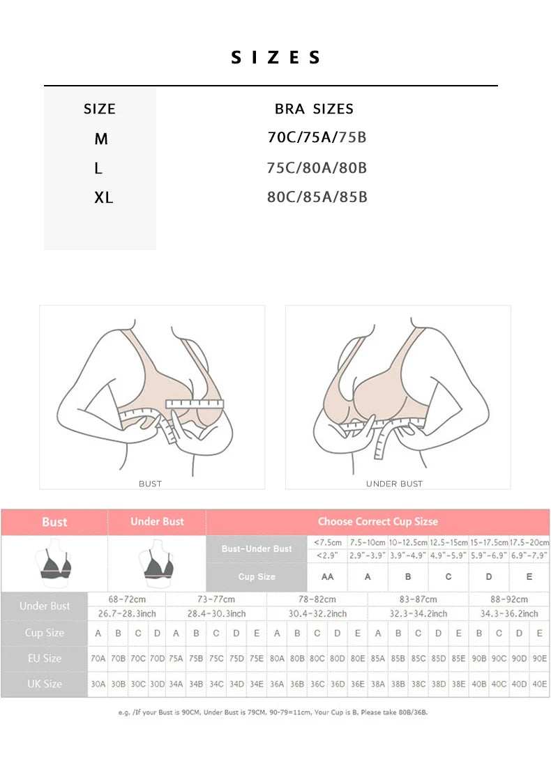 Bra size chart with illustrations and measurements for different sizes.