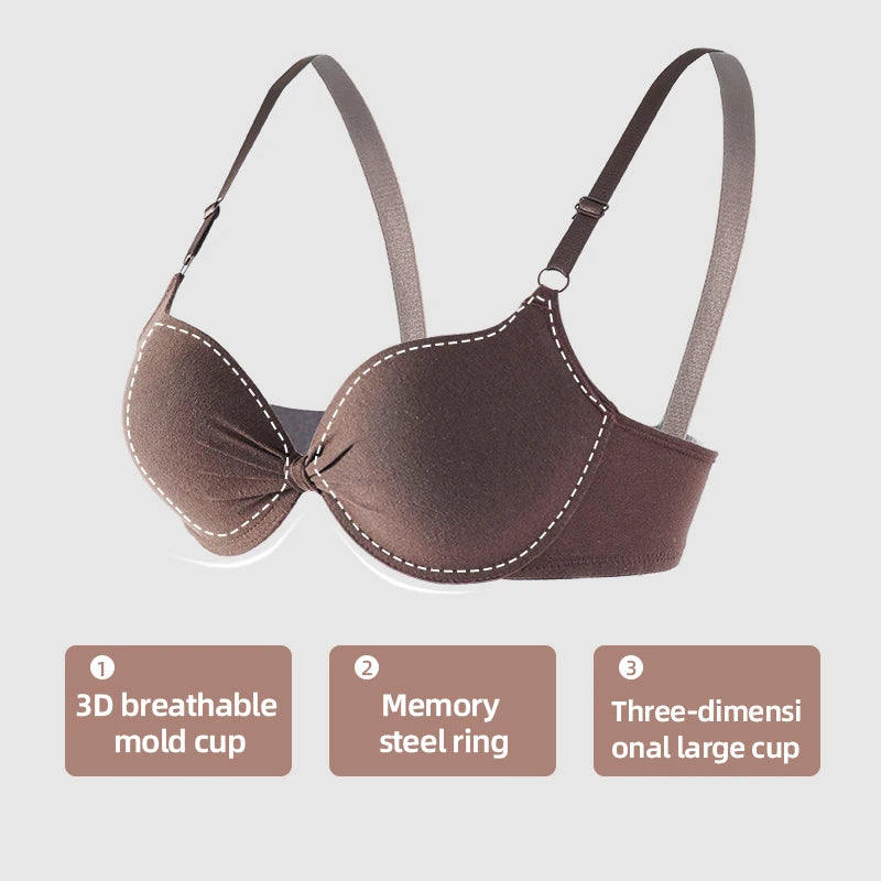 Brown bra with text highlighting features on a light gray background
