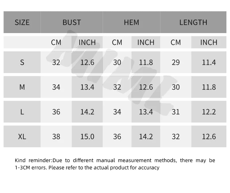 A size measurement chart for apparel with columns labeled SIZE, BUST, HEM, and LENGTH, showing measurements in CM and INCH for sizes S, M, L, and XL. The chart has a gray header and a light gray background, with a small disclaimer note at the bottom.