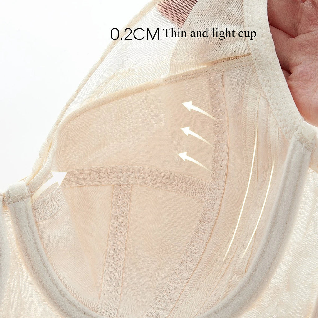 Close-up of a beige bra with text indicating '0.2CM Thin and light cup' on a white background.