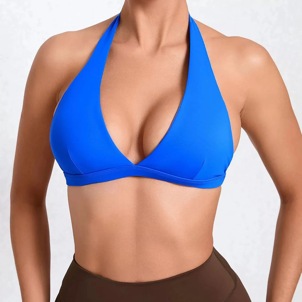 Seamless Halter Neck Open Back Sports Bra – Medium Support Yoga Gym Crop Top