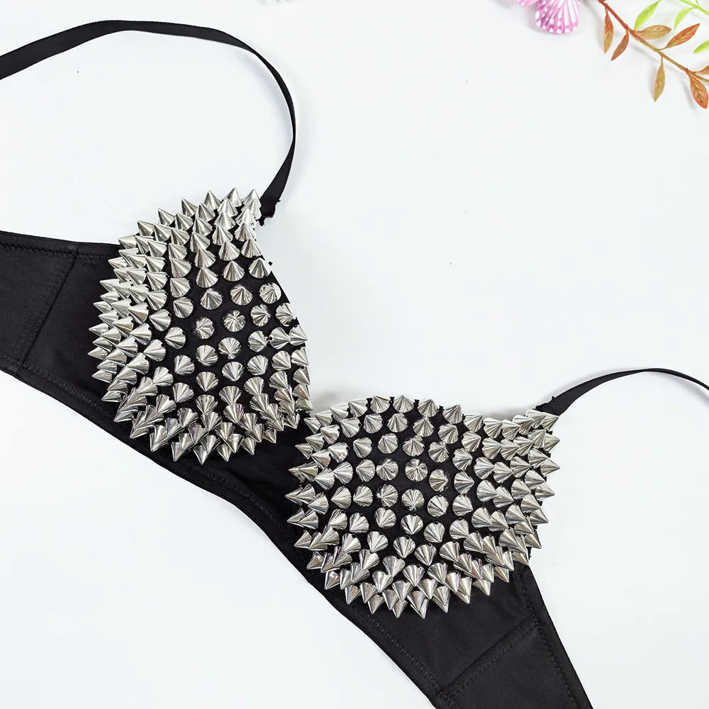 Sexy Lingerie Underwear Bras for Women,Steampunk Spike Studs Bra Top Wireless Bra, Fashion Hot Bras for Nightclub Party Bar