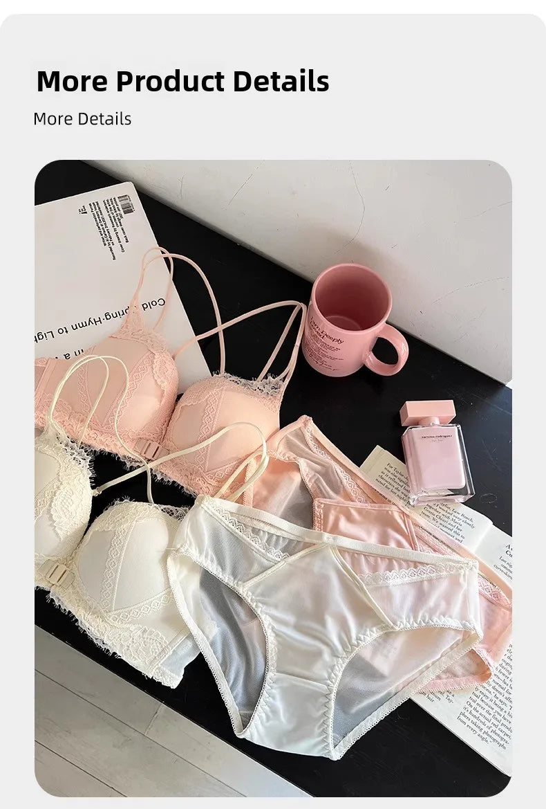 Wireless Lace Bra Set Women's Comfortable Sexy Back Design Gathered Front Clasp Underwear Nylon Material Suitable for Small B...