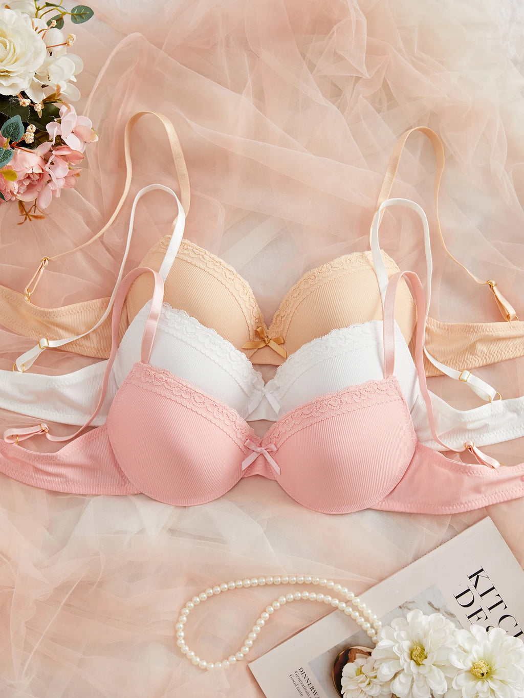 3PCS Women's Underwear Set Lace Trim Ribbed Push Up Bra Bow Comfortable Underwire Support Women's Bra