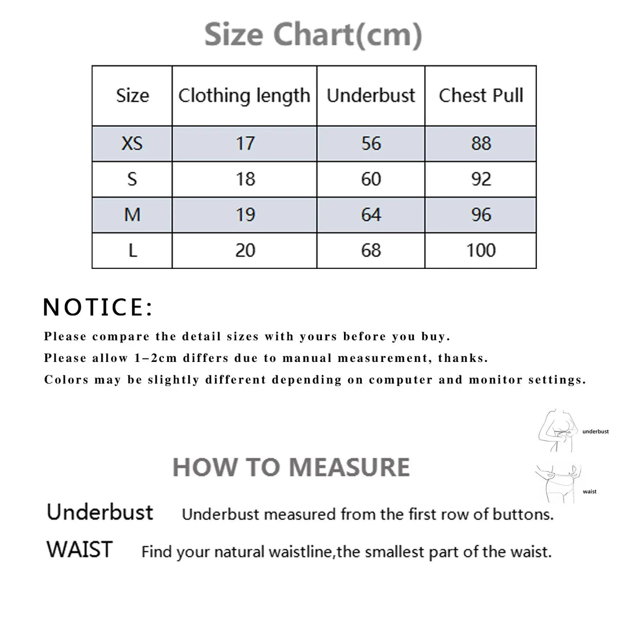 A size chart in centimeters showing clothing length, underbust, and chest pull for sizes XS, S, M, and L, with a measurement guide and small body diagram on a white background.