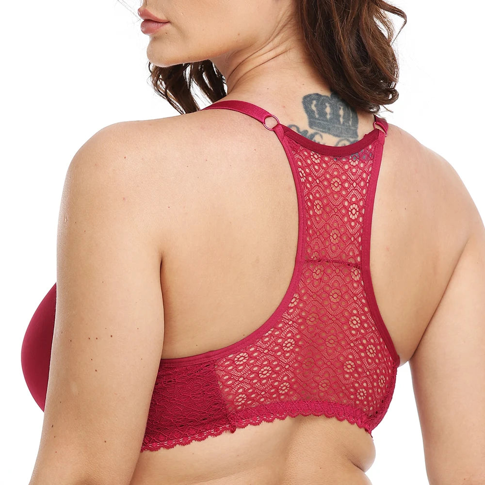A woman shown from the back wearing a deep red lace bra with a high open back and delicate scalloped trim, against a plain white background.