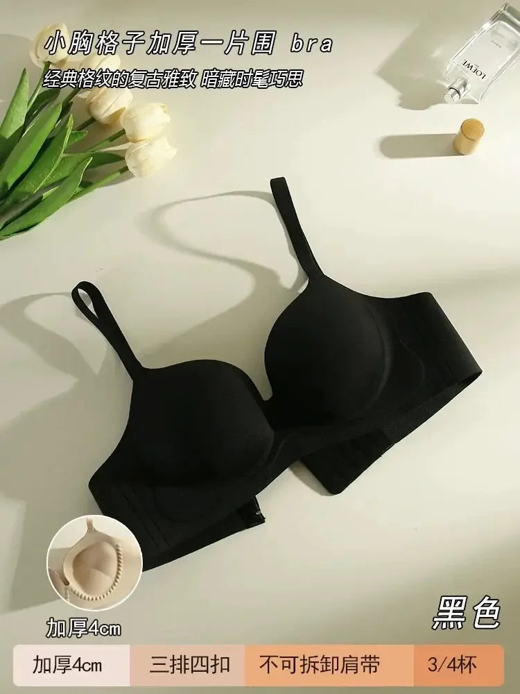 Sexy Seamless Push-Up Bra for Women Wireless with Soft Support Lift & Anti-Sagging Side Support for Armpit Fat Plaid Pattern