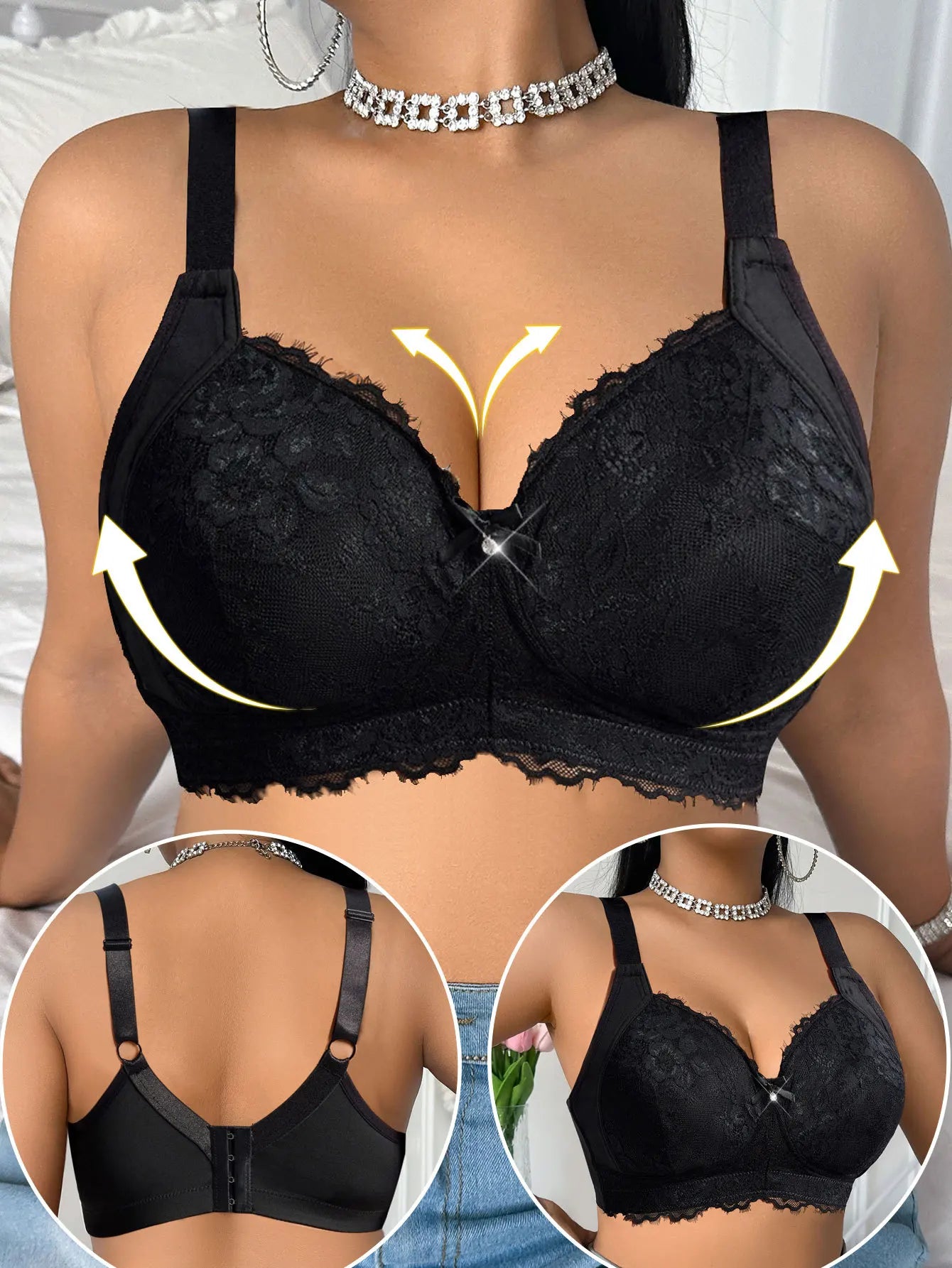 Plus Size Push-Up Plunge Bra – Lace Side Support for Big Bust