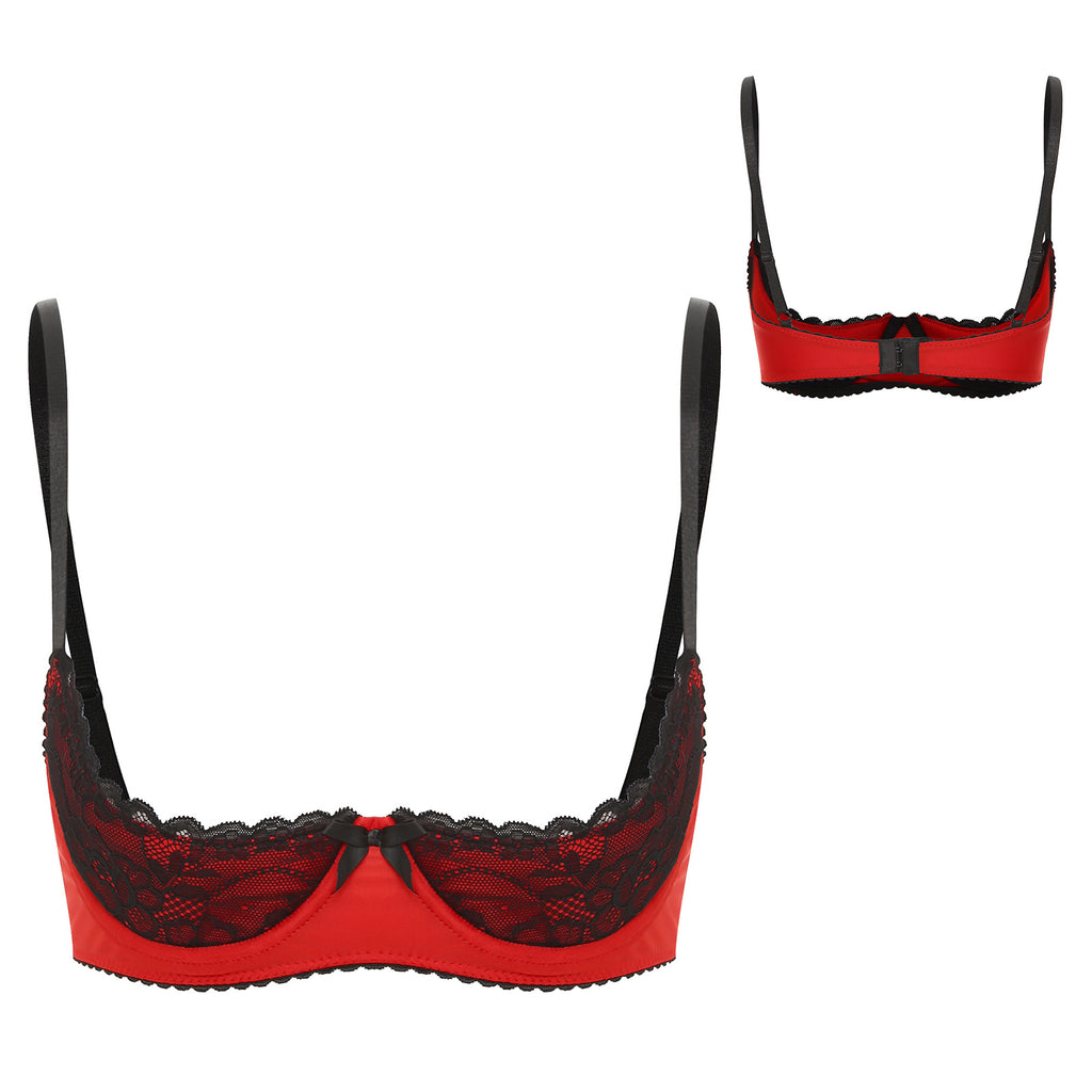 Women Sexy Open Cups Bra Tops Exposed Nipples Balconette Lingerie Contrast Lace Push Up Underwire Brassiere Underwear Nightwear