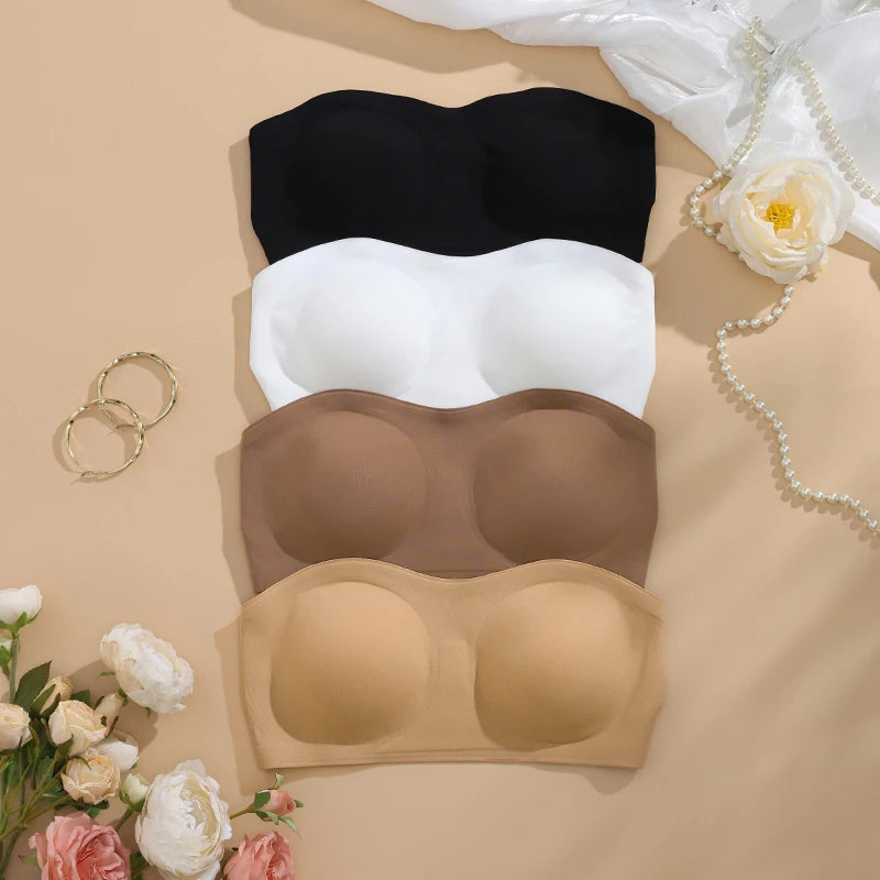 Ice Silk Traceless Strapless Bra – Wire-Free Removable Pad Cross Side Buckle