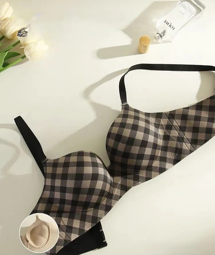 Sexy Seamless Push-Up Bra for Women Wireless with Soft Support Lift & Anti-Sagging Side Support for Armpit Fat Plaid Pattern