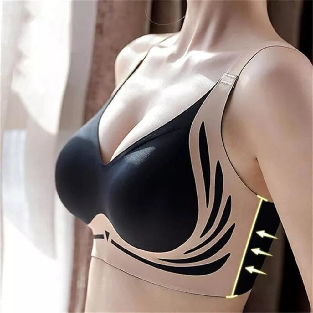 Black bra with wing design on a mannequin against a neutral background