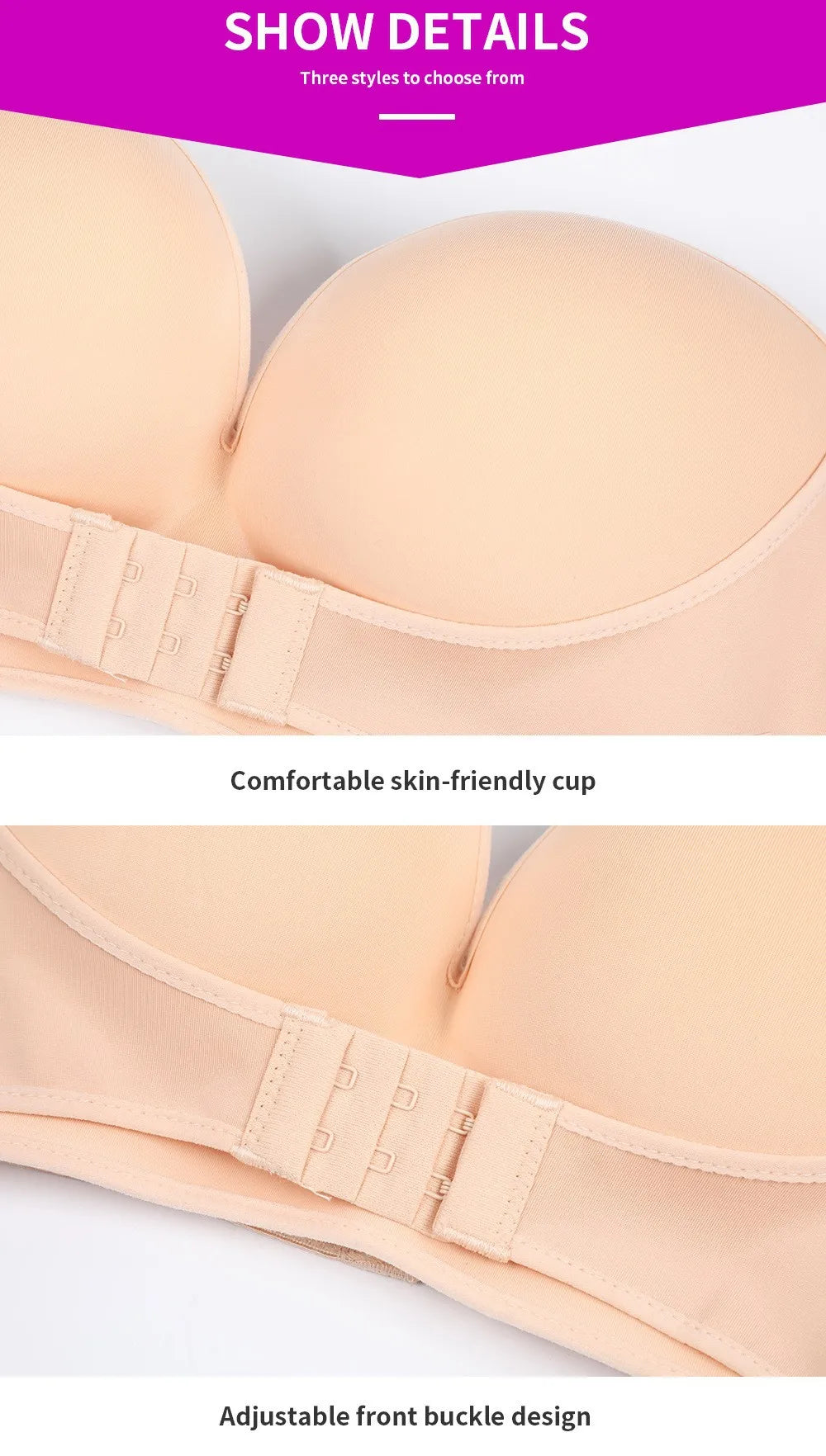 FINETOO Front Closure Strapless Bra – Wireless One-Piece Invisible Push-Up