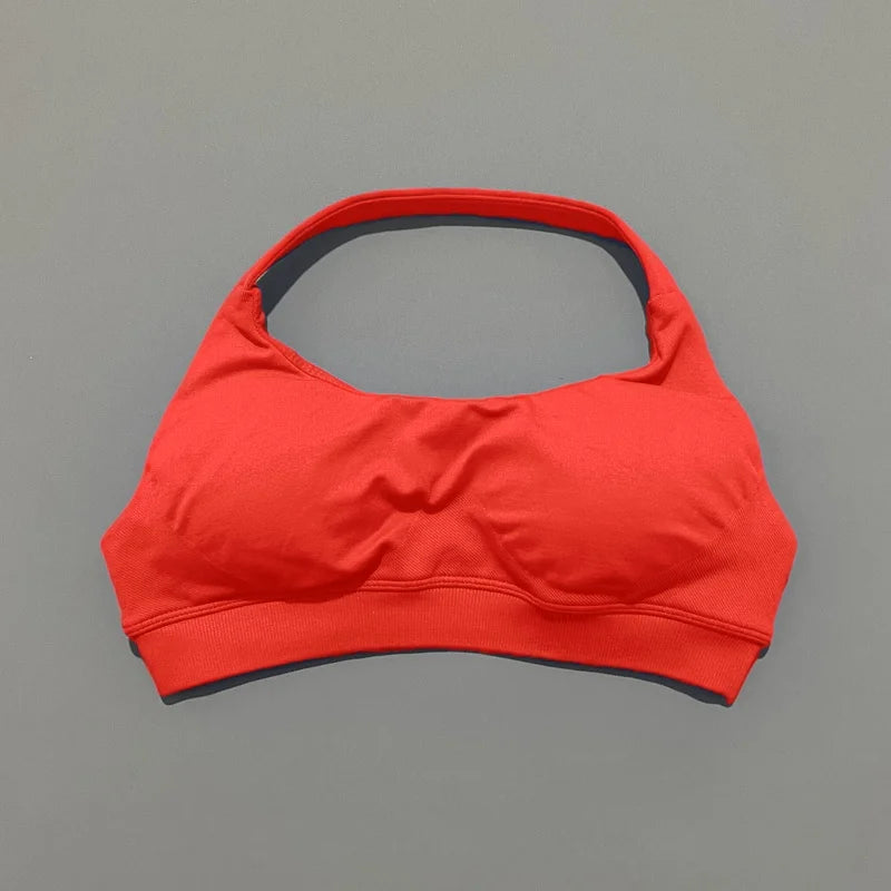 HISTELLO Seamless Halter Sports Bra – Open Back Gym & Yoga Top