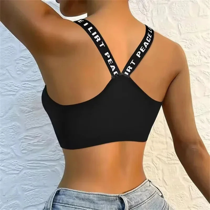CHUANGERM Women's Seamless Sports Crop Top Wide Letter Straps Wireless Back Comfortable Yoga Fitness Workout