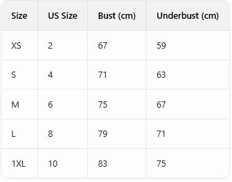 Table displaying clothing size chart with US and cm measurements for bust and underbust.
