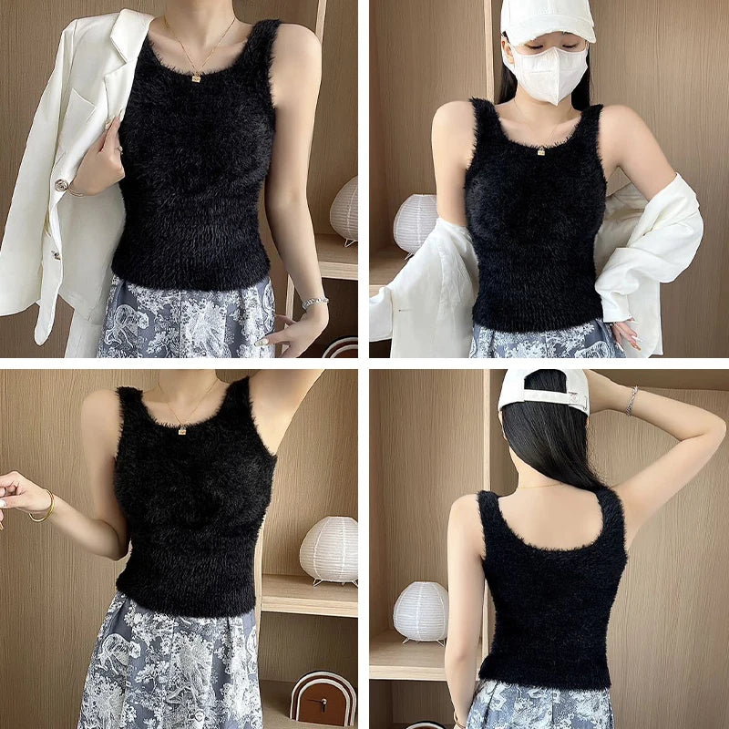 Plush Fleece Thermal Camisole – Built-In Bra Pad Warm Wool Tank Top