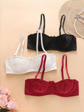3PCS Women Balconette Lace Underwire Bra Set, Detachable Thin Strap Mini Front Bow Scalloped Edge Multi-Way Lingerie