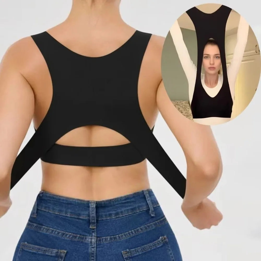Person wearing a black posture corrector with inset showing close-up of the product.