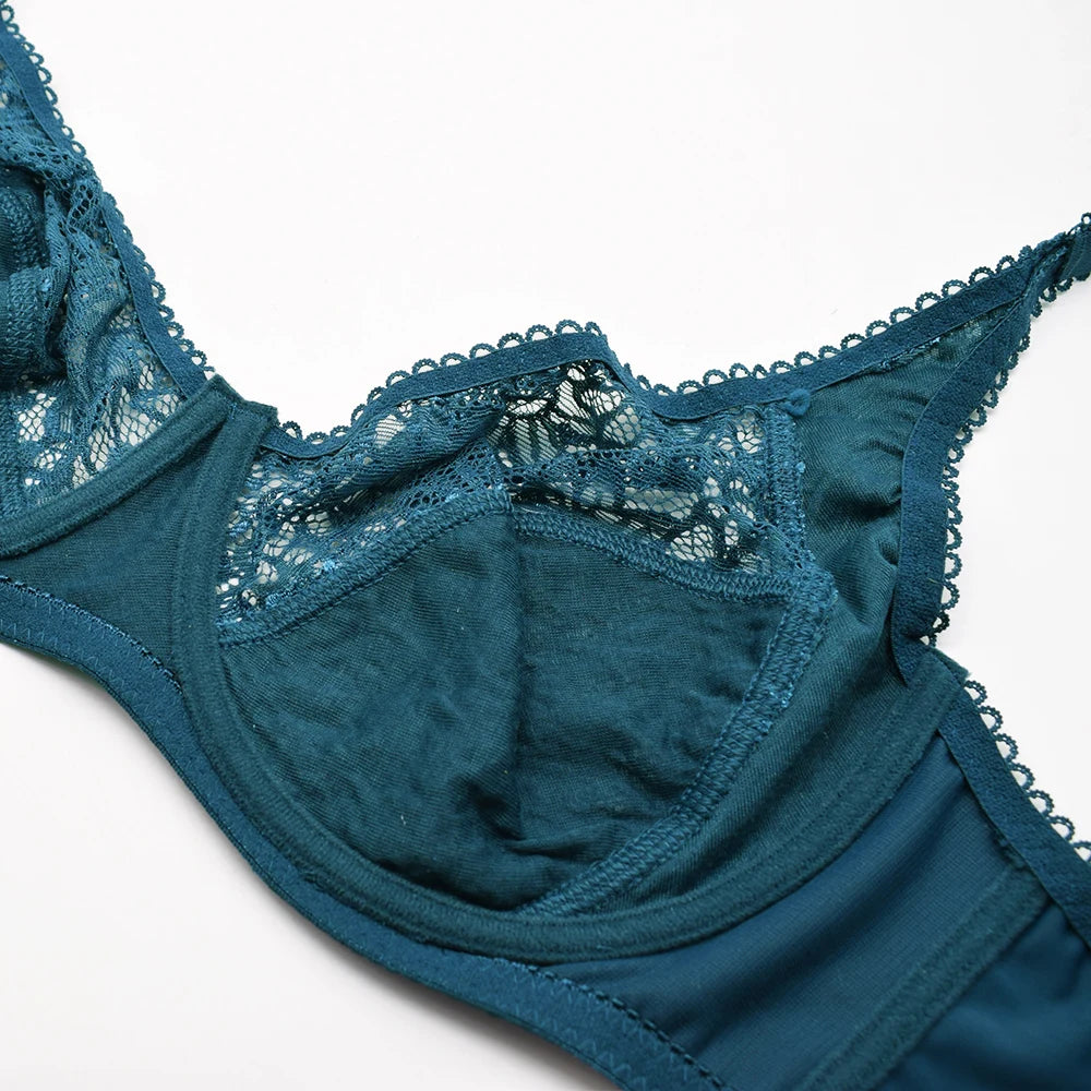 Teal bra with lace details on a white background