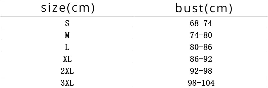 Size chart for bust measurements in centimeters