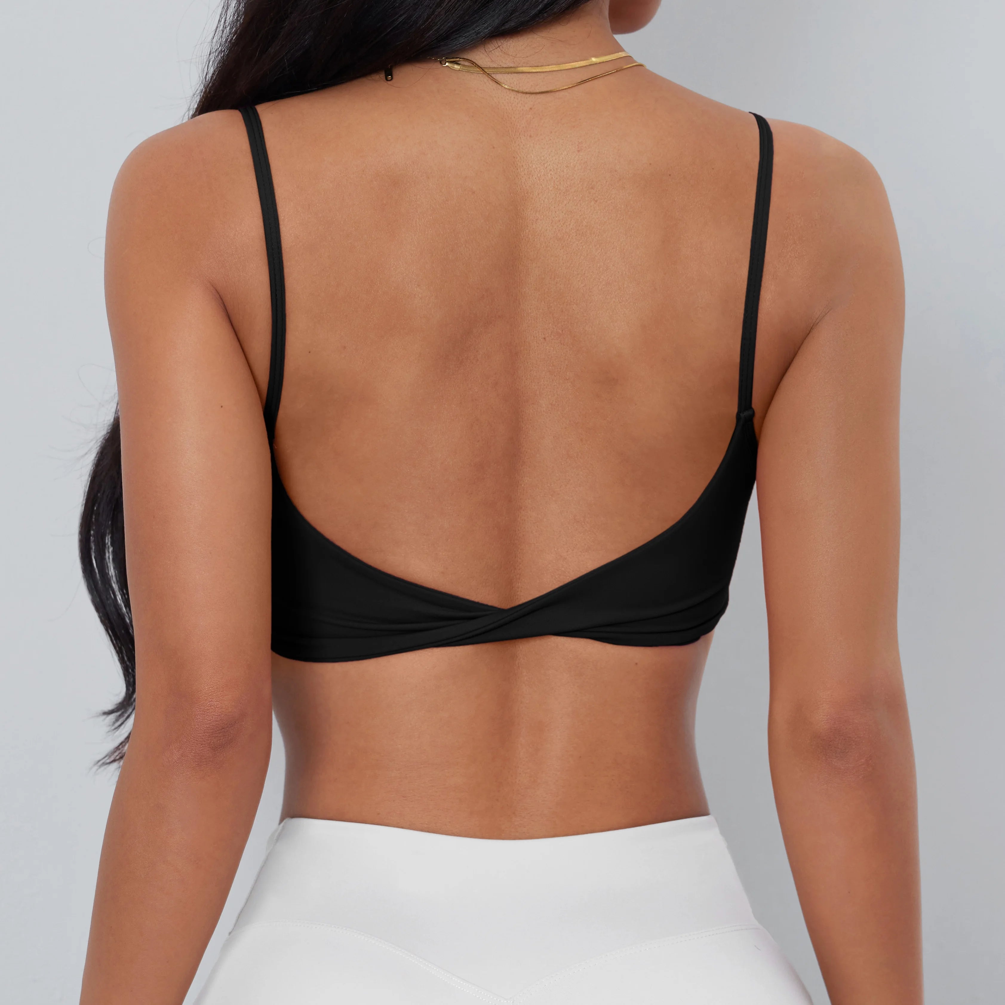 Anfilia Women Sports Bra Spaghetti Straps Backless Gym Bra High Elastic Square Neck Removable Padding Workout Top