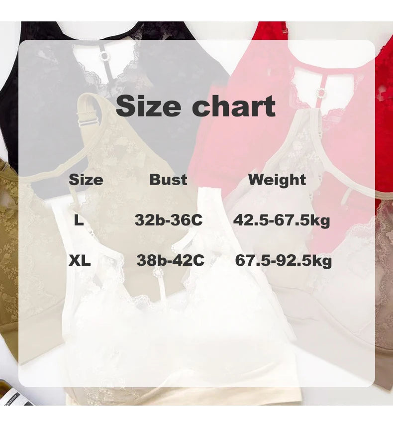 A size chart overlay for lingerie bras, showing a table with sizes L and XL, bust measurements in cm, and weight ranges in kg. Multiple bras in black, beige, pink, white, and red are partially visible in the background.