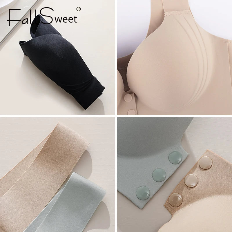 Collage of Falissweet products including a black pillow, beige bra, and fabric strips on a neutral background.