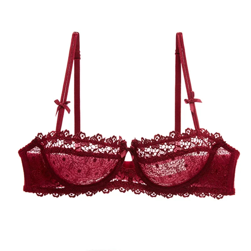 KUCLUT Plus Size Sexy Half Cup Lace Bra Sheer Mesh Unlined Bralette for Women A D Cup, Invisible Push Up Underwire Lingerie Set