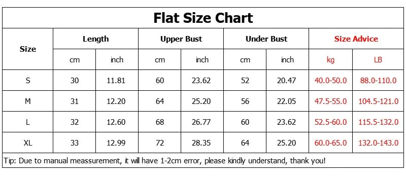 Flat size chart with measurements in centimeters and inches for different clothing sizes.