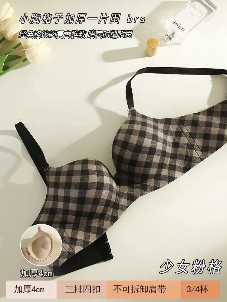 Sexy Seamless Push-Up Bra for Women Wireless with Soft Support Lift & Anti-Sagging Side Support for Armpit Fat Plaid Pattern