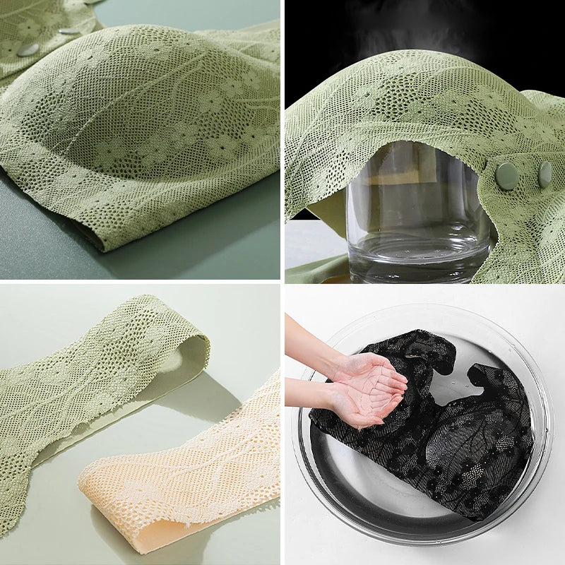 Collage of green lace fabric with a glass, a hand washing black lace, and folded lace on a light surface.