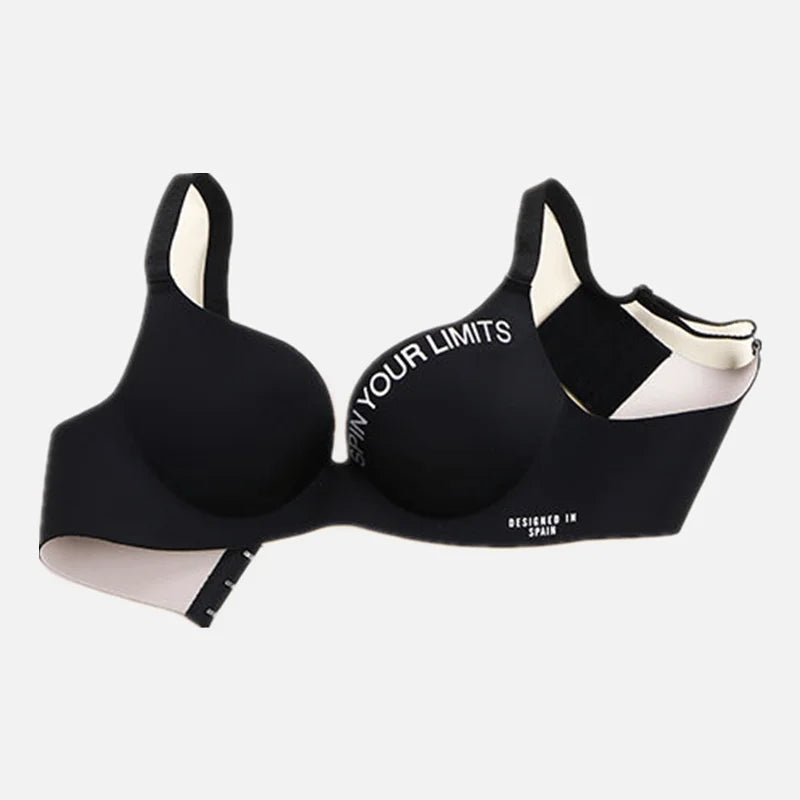Black bra with 'Don't Limit Yourself' text on a white background
