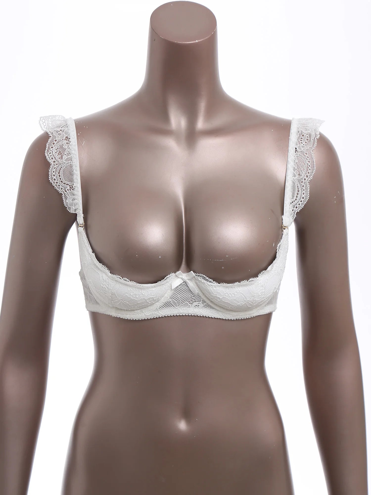 Womens Floral Lace 1/4 Cup Bra Removable 2cm Thick Pads Underwired Balconette Bra  Ruffled Spaghetti Straps Brassiere Lingerie