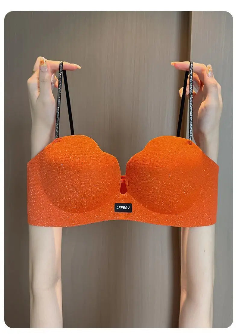 Hot Push Up Bra for Small Bust with Thin Shimmer Straps, Thick Padded Wireless Seamless Bra, Side Support Anti-Droop Lingerie