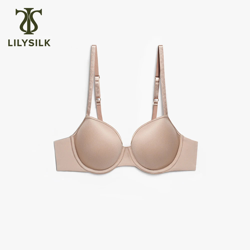A light beige wireless underwire bra by LILYSILK, shown from the front against a clean white background. The bra features wide, comfortable bands and adjustable shoulder straps with a small metal buckle.