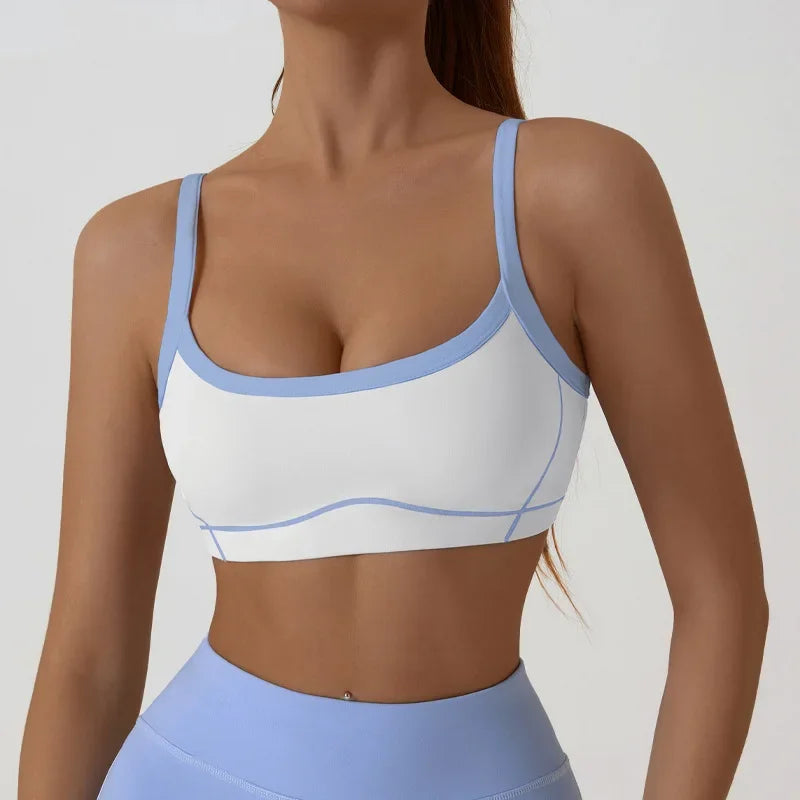 Women Yoga Sports Bra Color Clashing Shock Absorbing Brassiere Full Cup Breathable Gym Tube Top Bra Yoga Workout Underwear