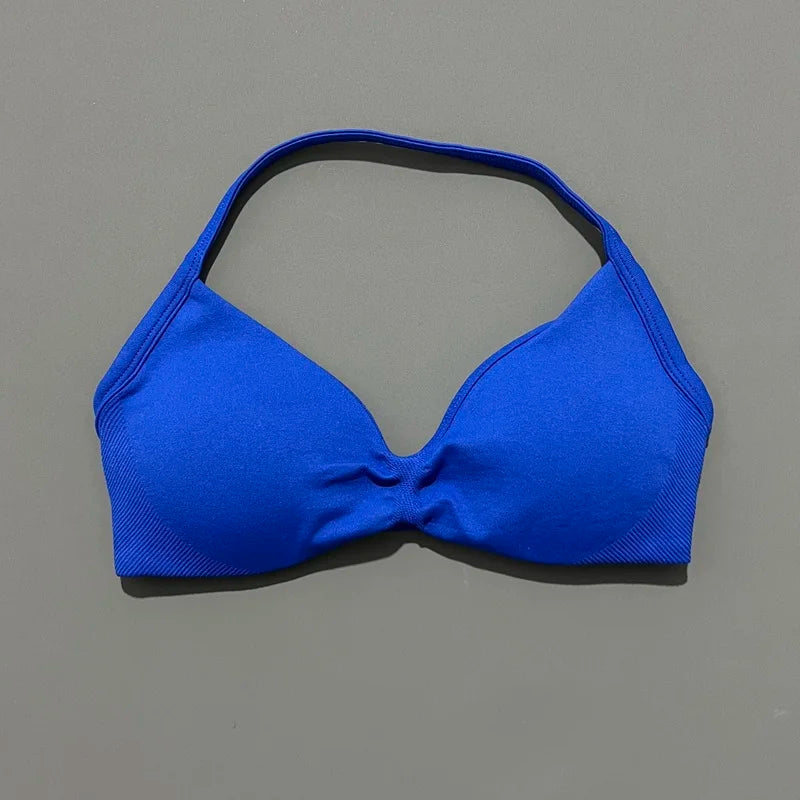 HISTELLO Strappy Sports Bra – High Support Scrunch Push-Up Halter