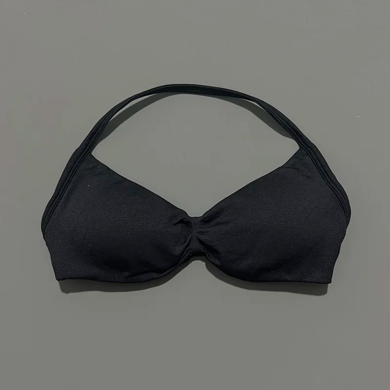 HISTELLO Strappy Sports Bra – High Support Scrunch Push-Up Halter