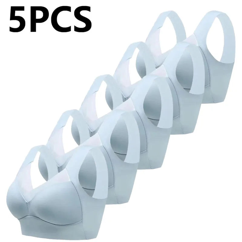 Five light blue bras stacked on a white background with '5PCS' text above.