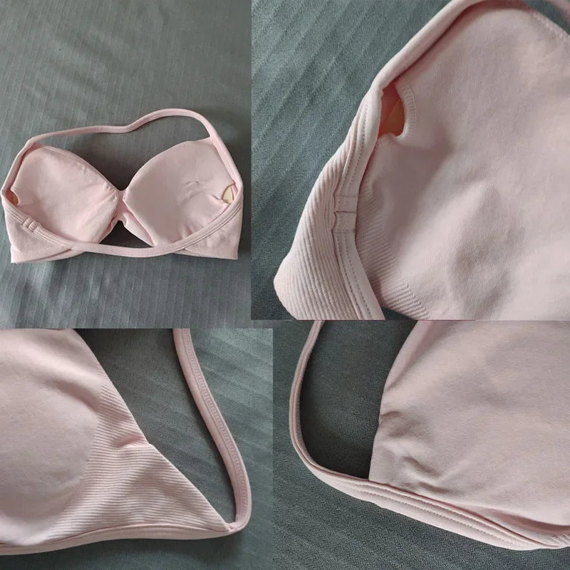 A four-panel close-up collage of a light pink ribbed bikini or bralette fabric laid on a gray textured surface, showing the cup, strap, and inner ribbed construction.