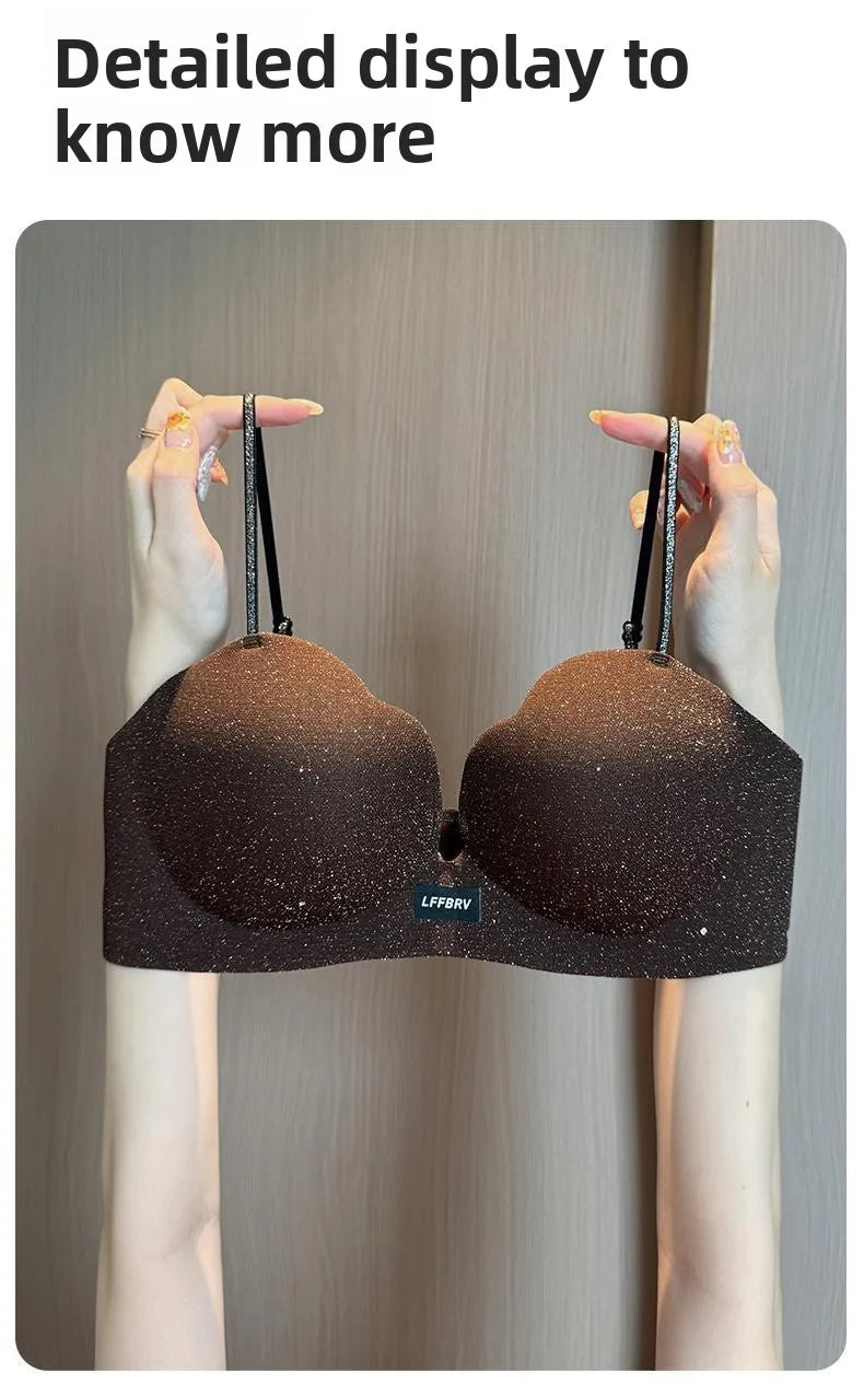 Hot Push Up Bra for Small Bust with Thin Shimmer Straps, Thick Padded Wireless Seamless Bra, Side Support Anti-Droop Lingerie